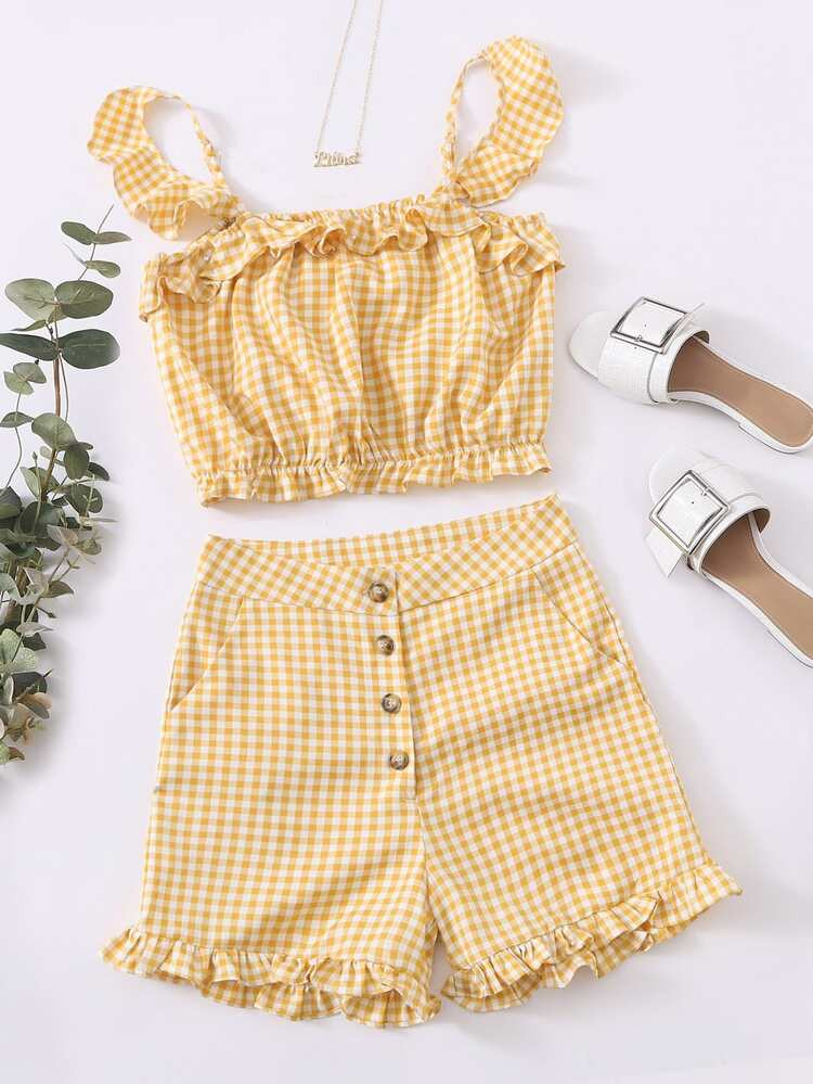 Gingham Ruffle Top & Button Front Shorts | SHEIN