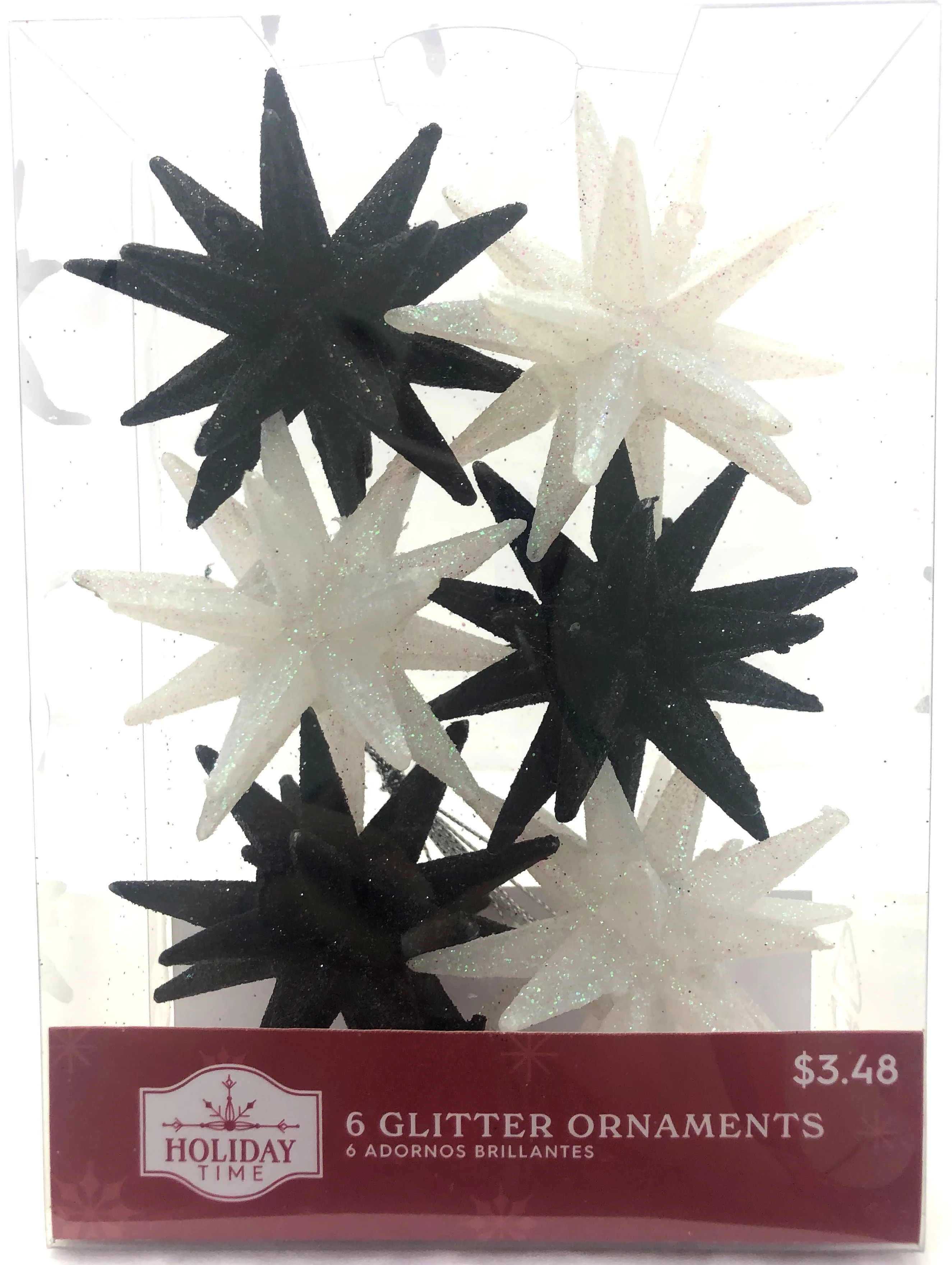 Holiday Time, Black and White Glitter Starburst Christmas Shatterproof Ornaments , 6 Count - Walm... | Walmart (US)