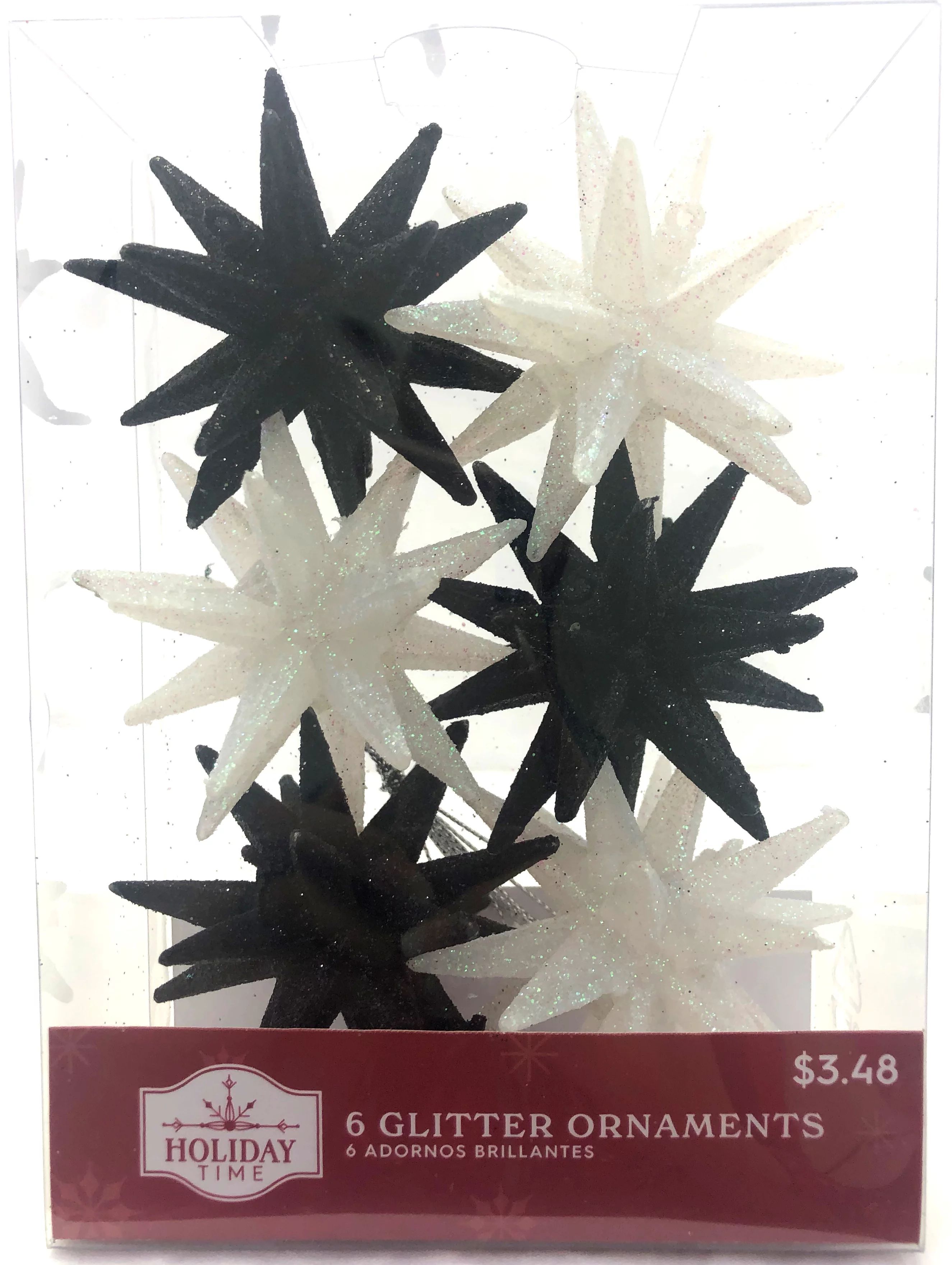 Holiday Time, Black and White Glitter Starburst Christmas Shatterproof Ornaments , 6 Count | Walmart (US)