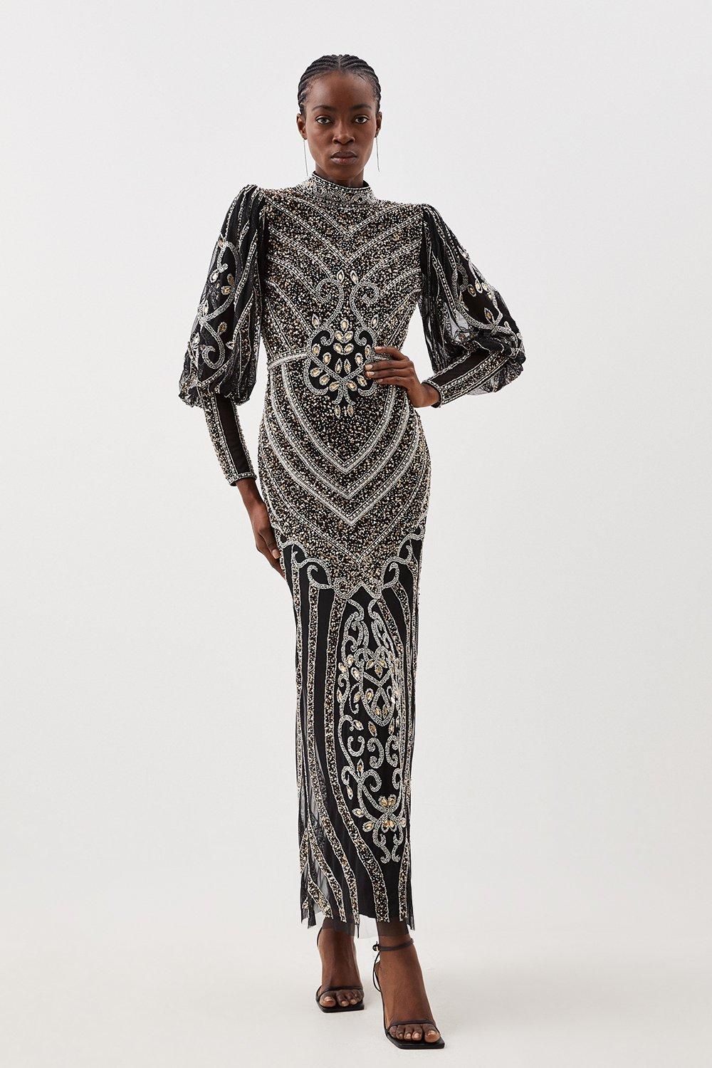 Crystal Embellished Balloon Sleeve Woven Maxi Dress | Karen Millen UK + IE + DE + NL