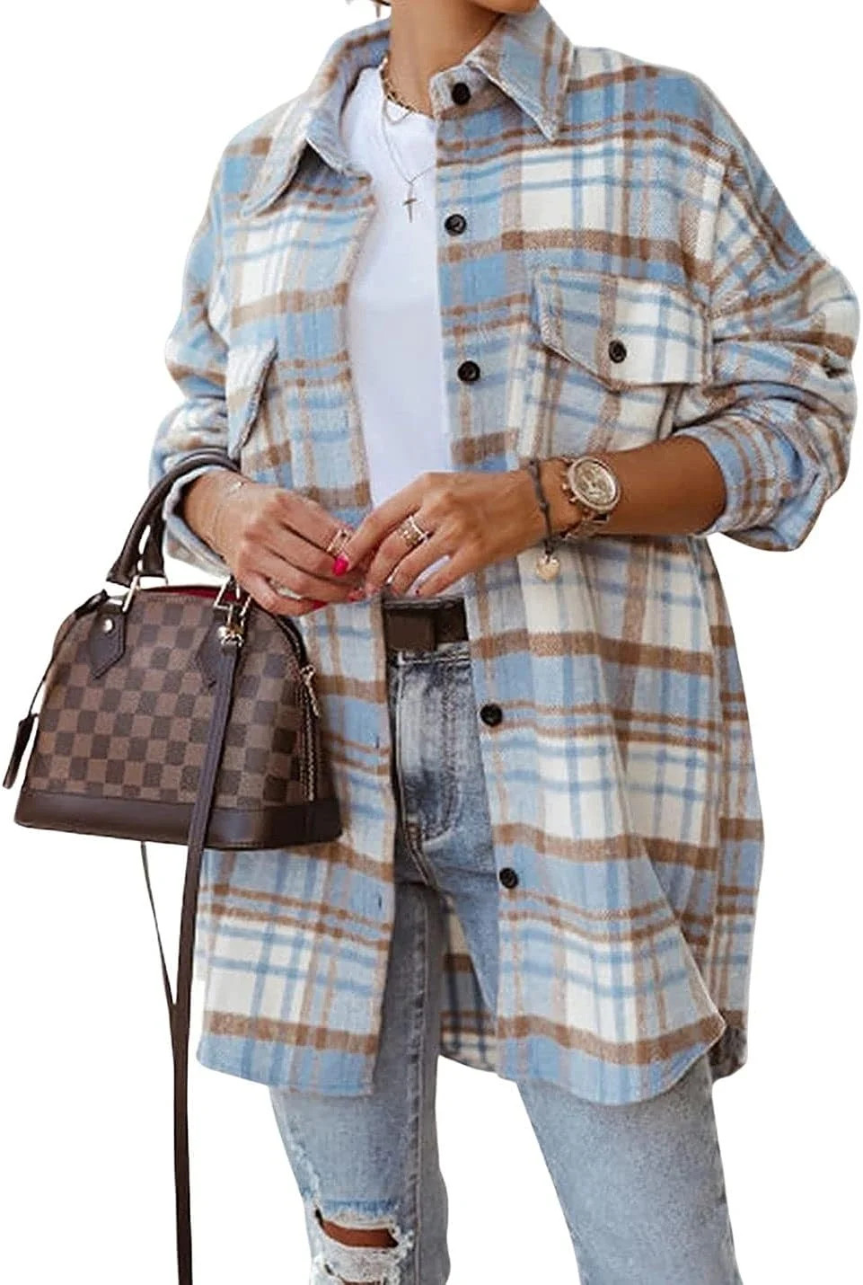 Kukuzhu Women’s Casual Buffalo Plaid Shirt Midi Lapel Collar Button Down Flannel Jacket Shacket... | Walmart (US)