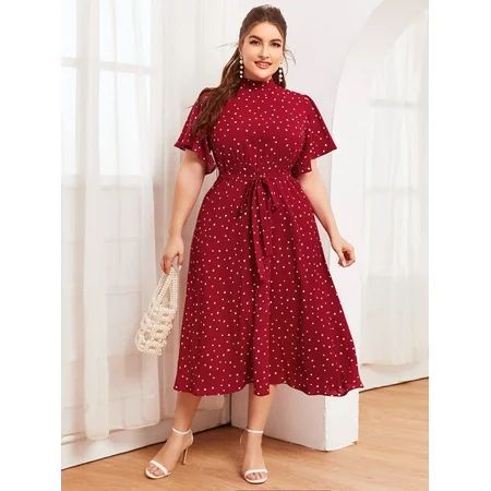 Woman's Plus Size Mock-Neck Flutter Sleeve Self Belted Heart Print Dress | Walmart (US)