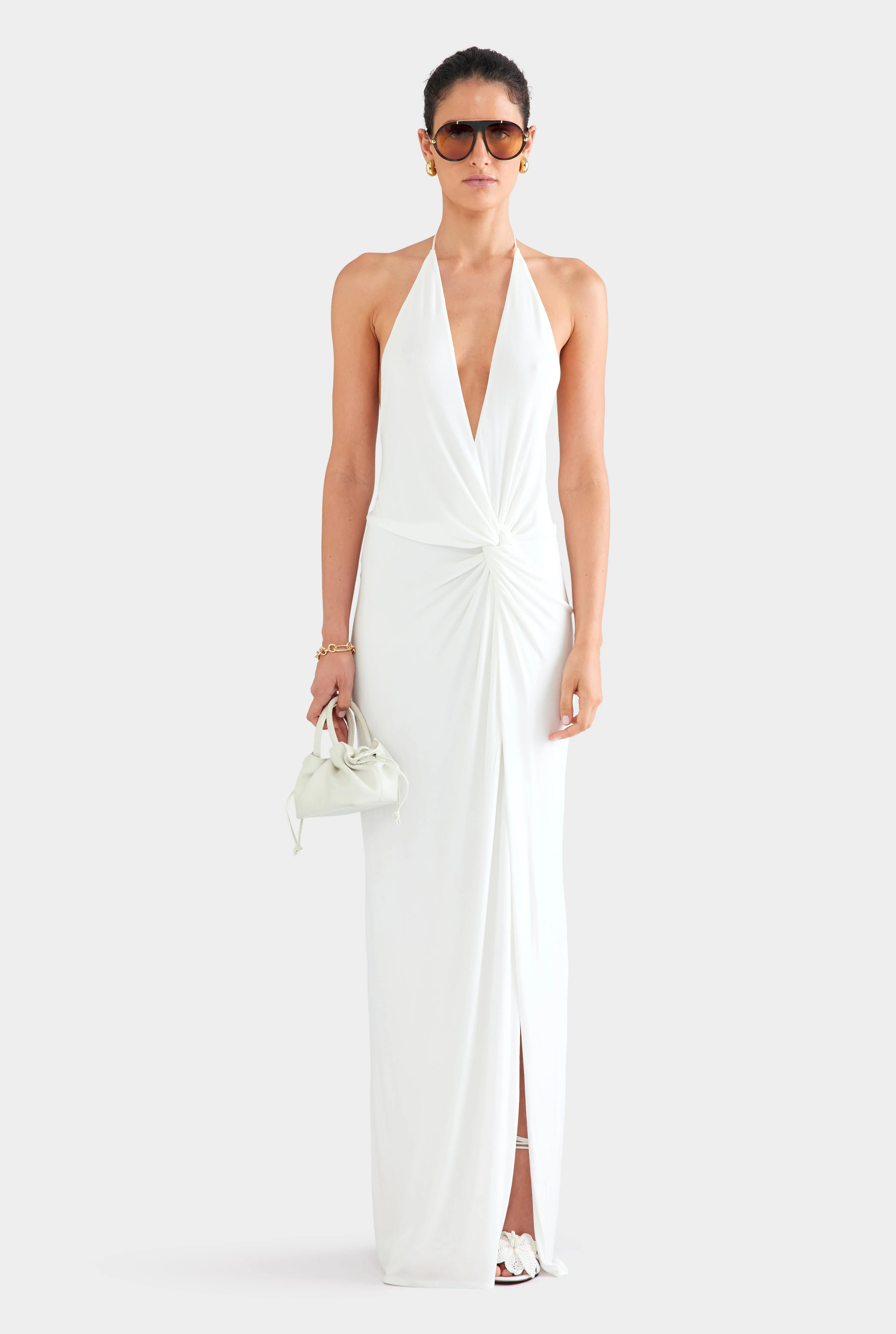Plunge Jersey Twist Maxi Dress Off White | Venroy | Venroy AU