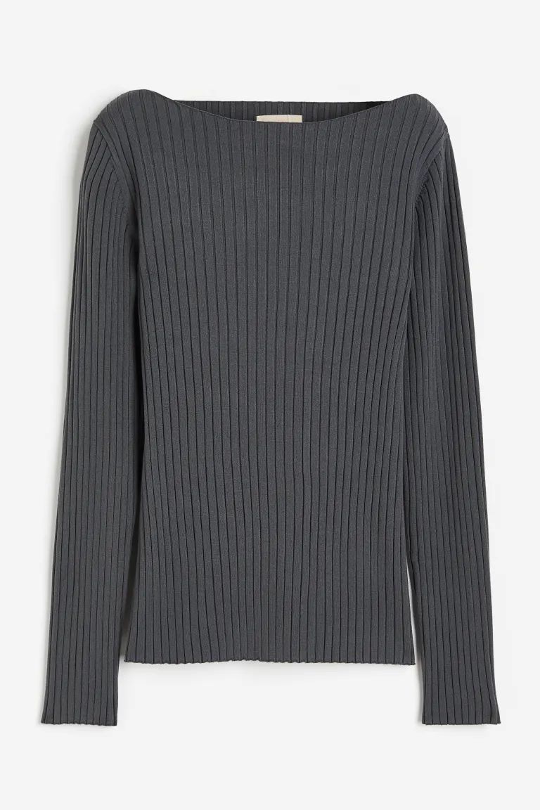 Silk-blend rib-knit top - Dark grey - Ladies | H&M GB | H&M (UK, MY, IN, SG, PH, TW, HK)