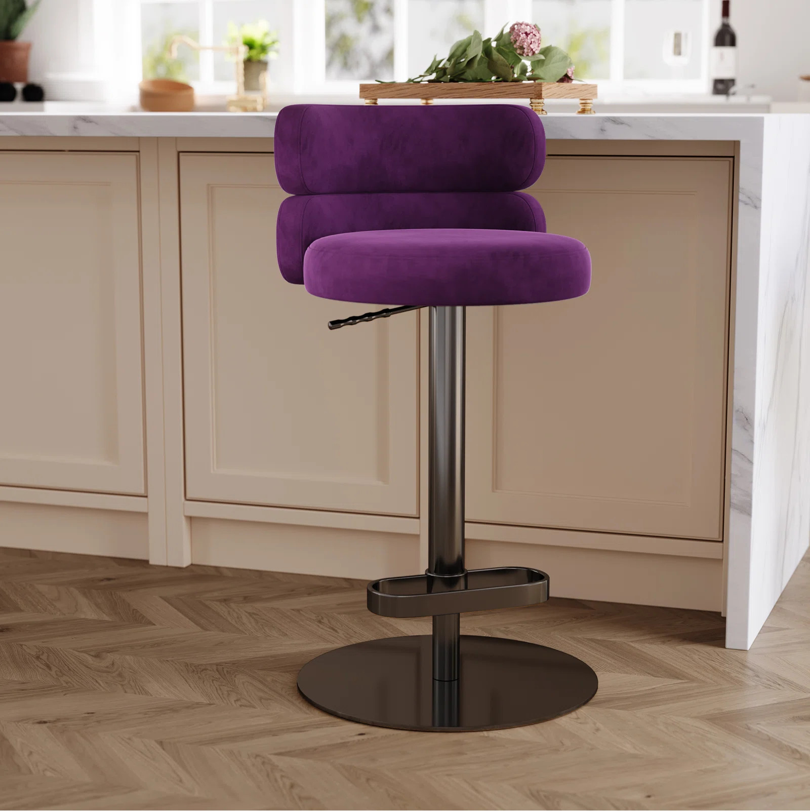Giacamo Adjustable Height Swivel Velvet Barstool in Stainless Steel - Modern Design (Set of 1) | Wayfair North America