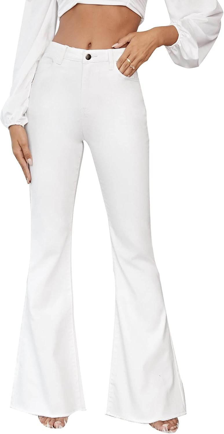 Floerns Women's High Waisted Flare Jeans Frayed Raw Hem Bell Bottom Denim Pants | Amazon (US)