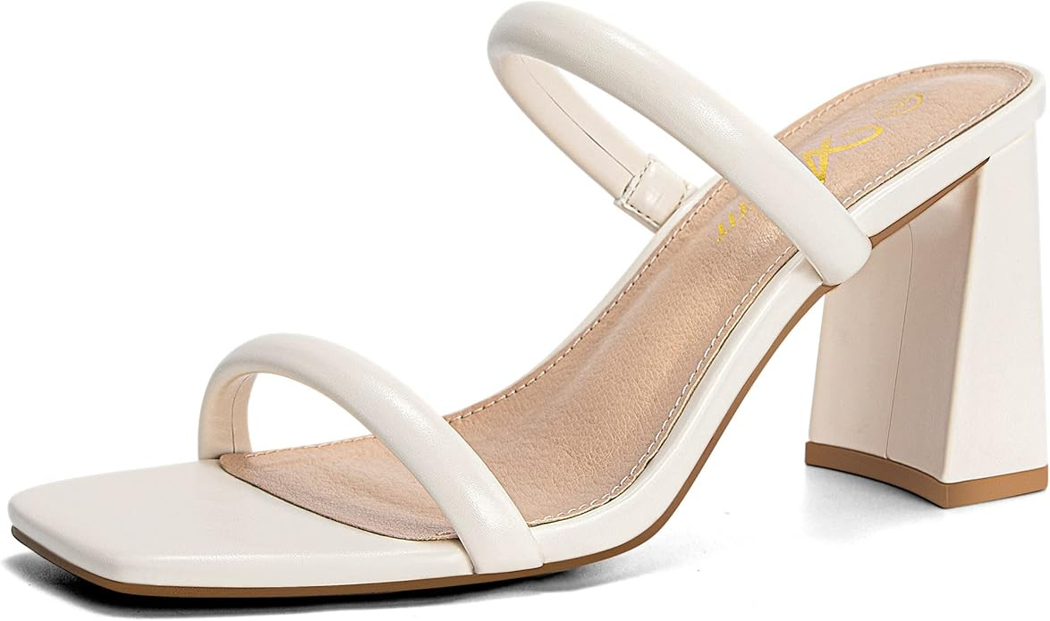 Athlefit Women's Square Open Toe Two Strap Heeled Sandals Slip On Block Chunky Heels Sandals | Amazon (US)