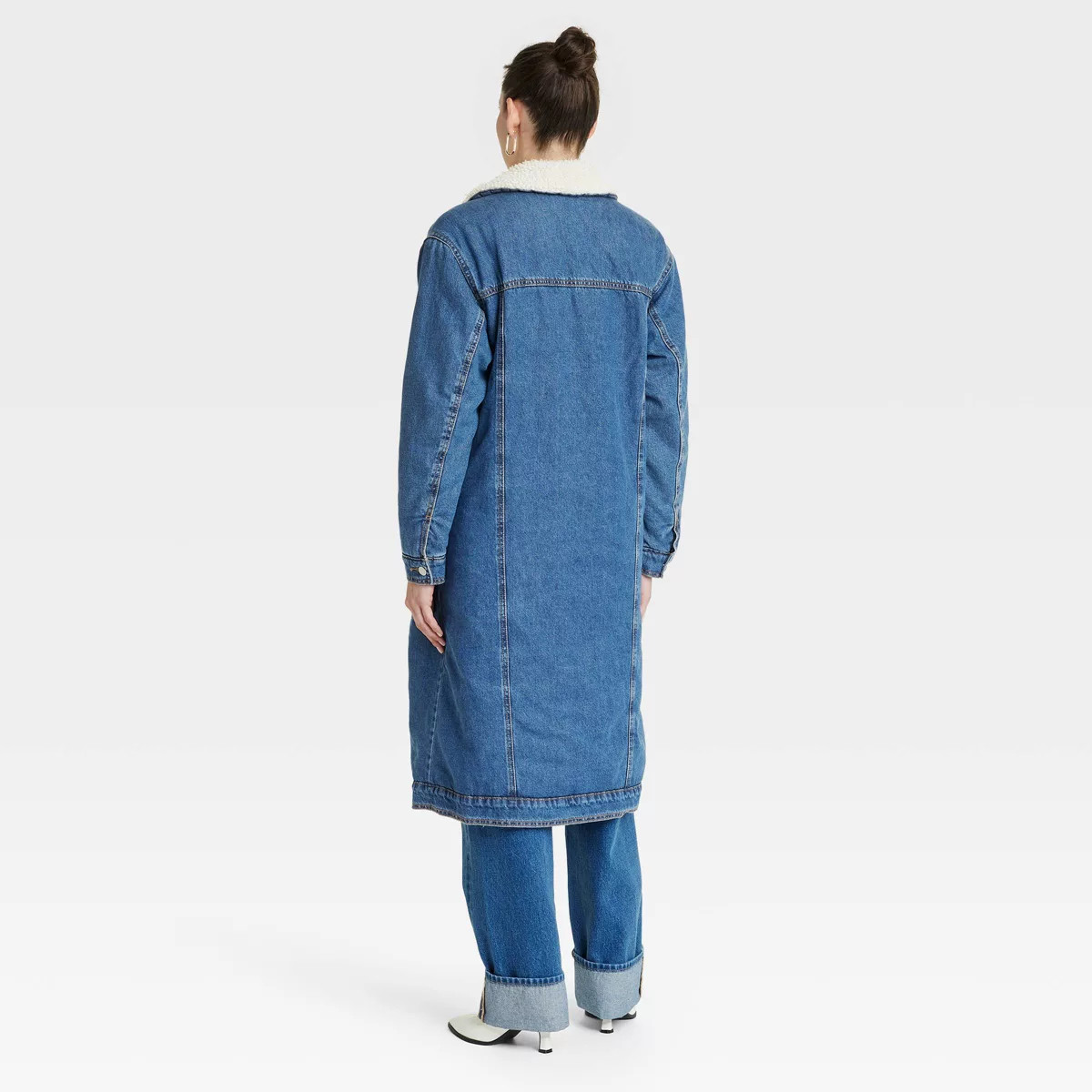 Women's Faux Shearling Long Denim Trucker Jacket - Universal Thread™ Medium Wash | Target