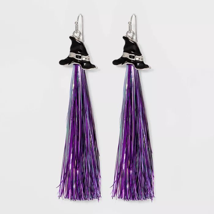 Witch Hat with Tinsel Tassel Drop Earrings - Black/Purple | Target