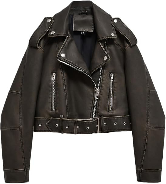 LY VAREY LIN Women Faux Leather Cropped Jacket Lapel Zipper Biker Short Coat with Belt | Amazon (US)