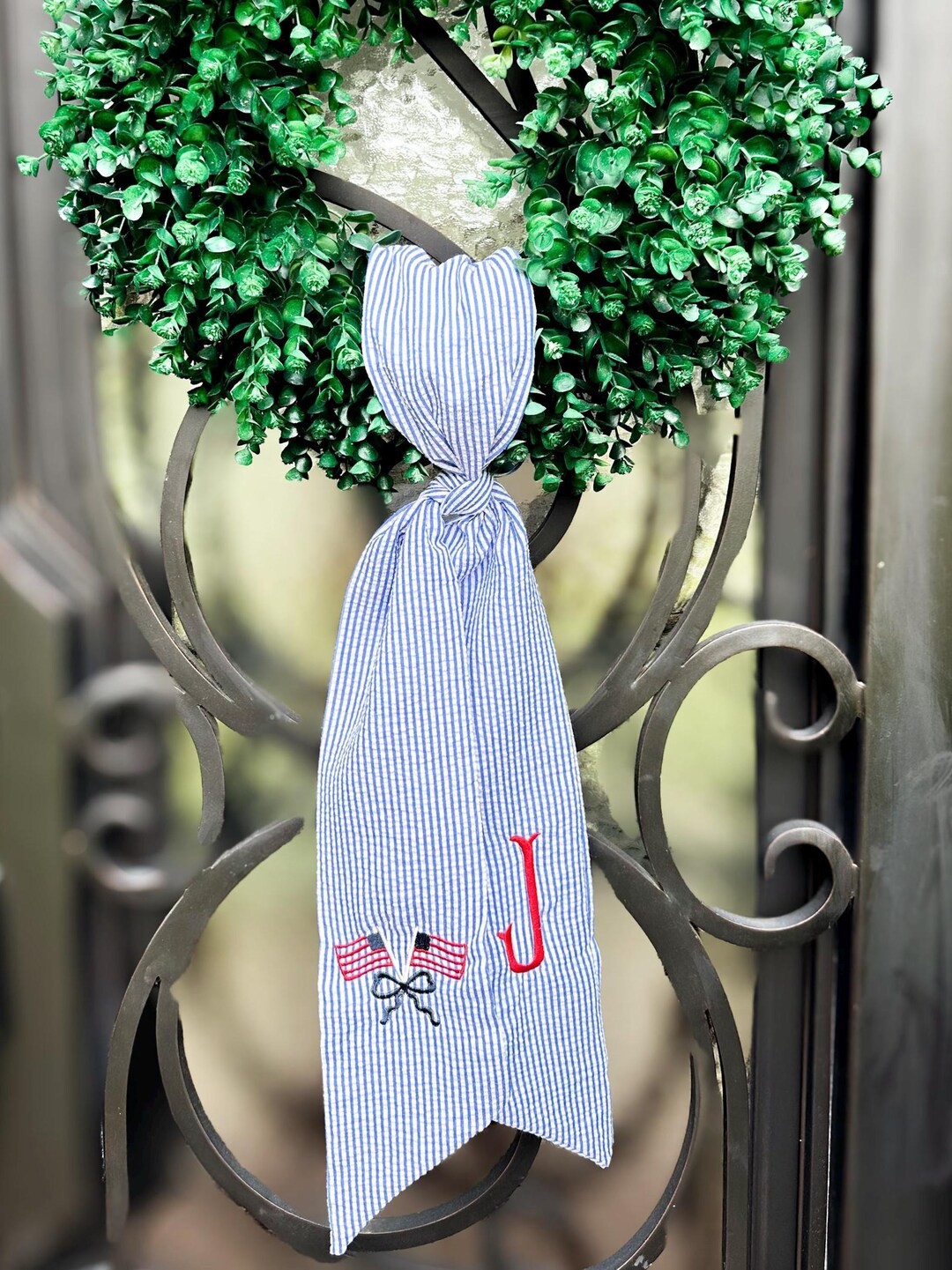 4th of July Wreath Sash – Seersucker Wreath Bow With Red Initial & American Flags | Patriotic D... | Etsy (US)