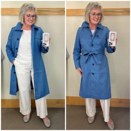 This classic trench coat from Talbots is the most gorgeous shade of blue. The fit and fabric are exceptional quality and it's available in misses, petite and plus sizes. I'm wearing it over this beautiful lace shell that comes in 3 different colors and the New England Chinos that come in 5 colors and misses, petite, petite plus and plus sizes.

#fashion #fashionover50 #fashionover60 #talbots #talbotsfashion #talbotsspringsale #trenchcoat #springfashion @springoutfit @chinos

#LTKSpringSale #LTKSeasonal #LTKstyletip