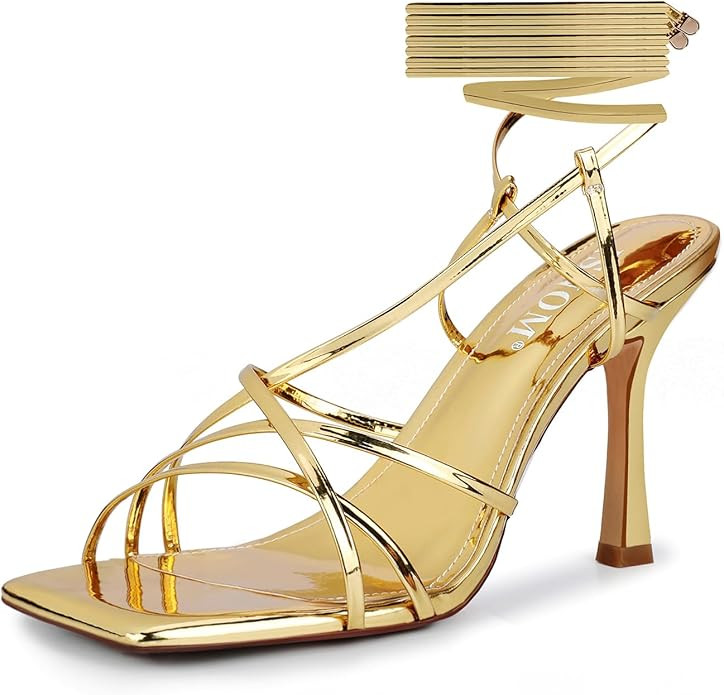 ISNOM Lace Up Heels Sandals for Women, Square Toe, Open Toe Thong, Stiletto Heels Design | Amazon (US)