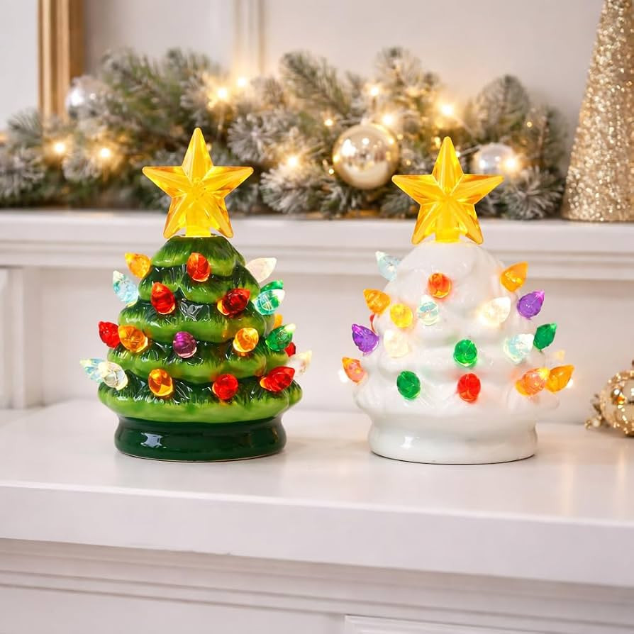 MOMENTS IN TIME Ceramic Christmas Tree Set of 2 Mini 3.5\u201dH LED Light Up Tabletop Trees with ... | Amazon (US)