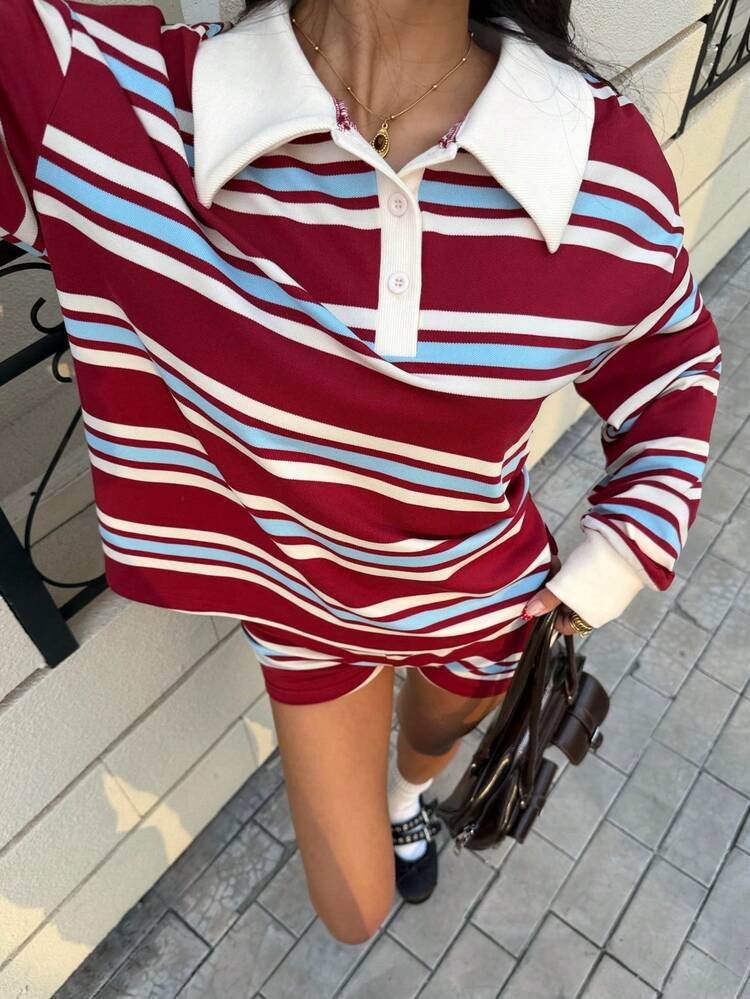 Siren Gaze Women's Red And Blue Striped Polo Shirt Long Sleeve Loose Fit Casual Top And Shorts Se... | SHEIN