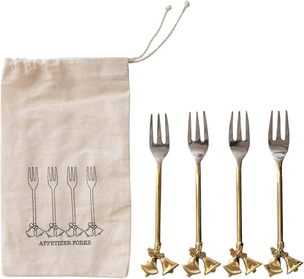 Creative Co-Op Stainless Steel and Brass Forks with Gold Finish Bell Handles, Set of 4 in Printed... | Amazon (US)