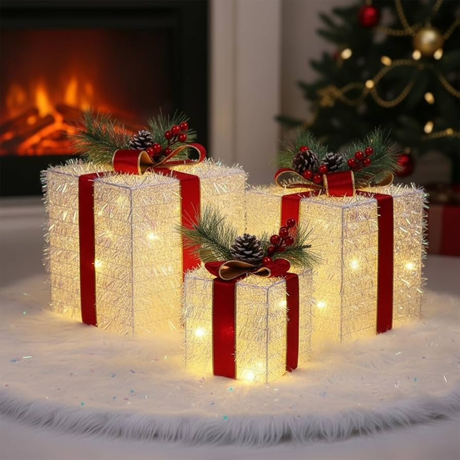 Fulong's Opulent Christmas Lighted Gift Boxes Decor Set of Three Pre-lit LED Presents | Warm Whit... | Amazon (US)