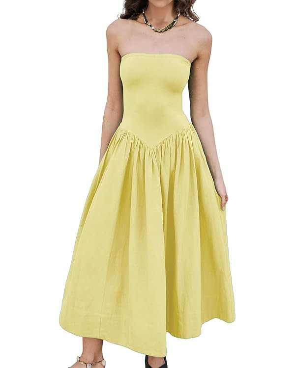 Women Off Shoulder Midi Dress Strapless Sleeveless Drop-Waist A Line Tube Dress Trendy Summer Swi... | Amazon (US)