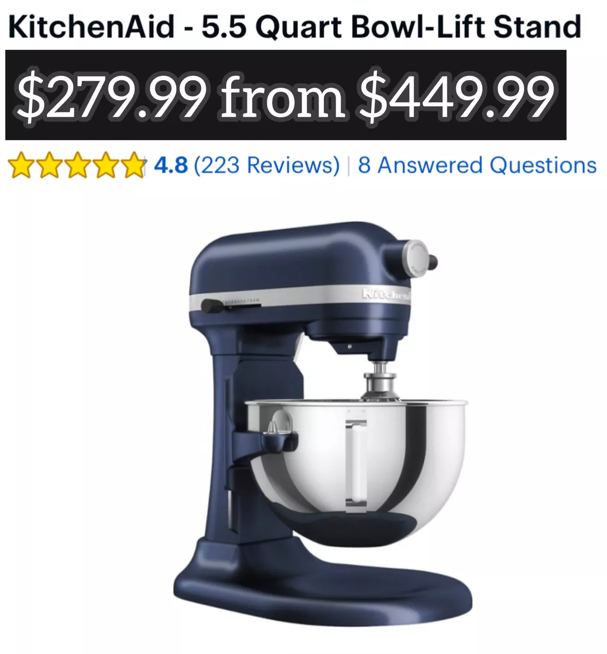 KitchenAid 5.5 Quart Bowl-Lift Stand Mixer Ink Blue KSM55SXBXIB