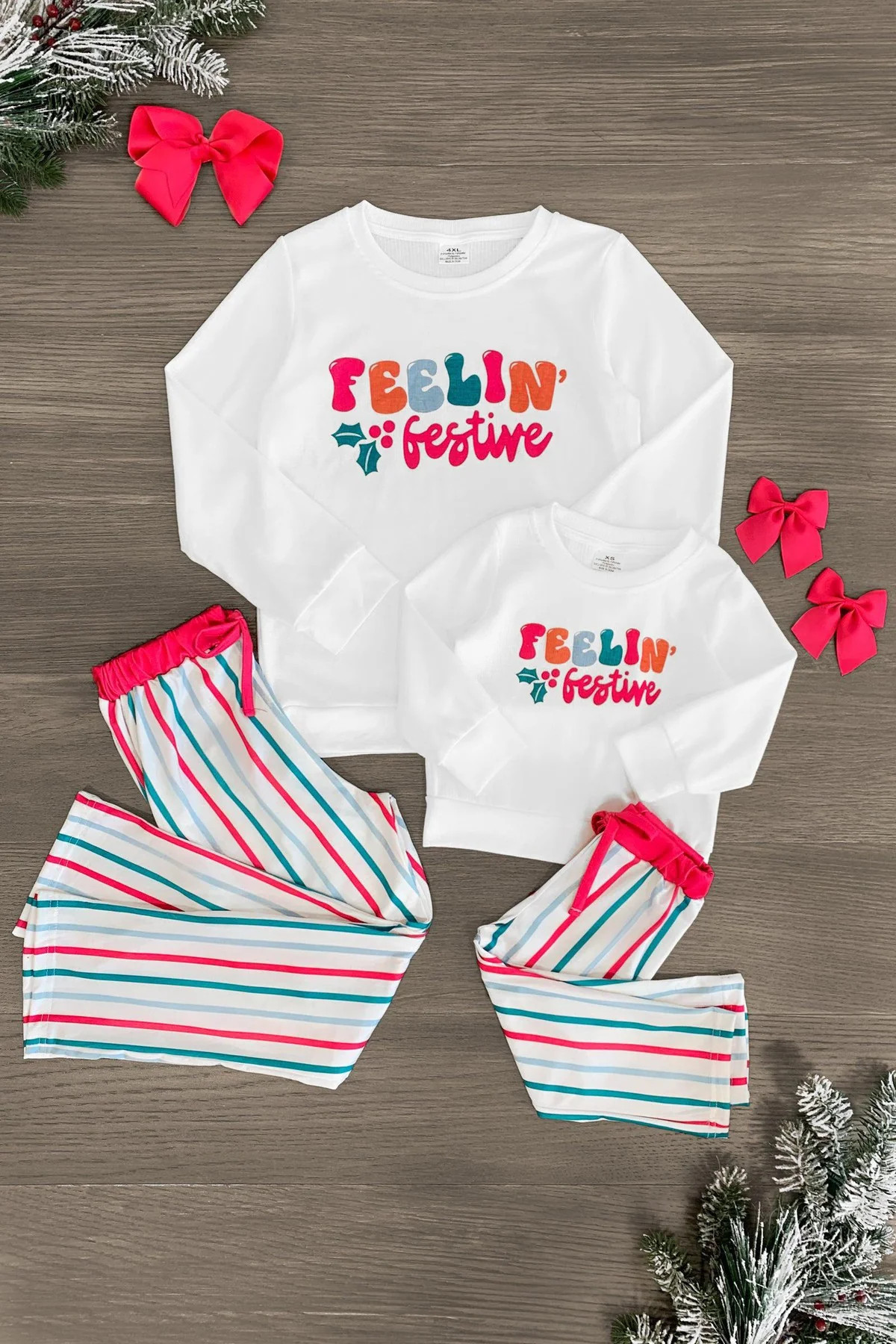 Mom & Me - "Feelin' Festive" White Ribbed Stripe Pajamas | Sparkle In Pink
