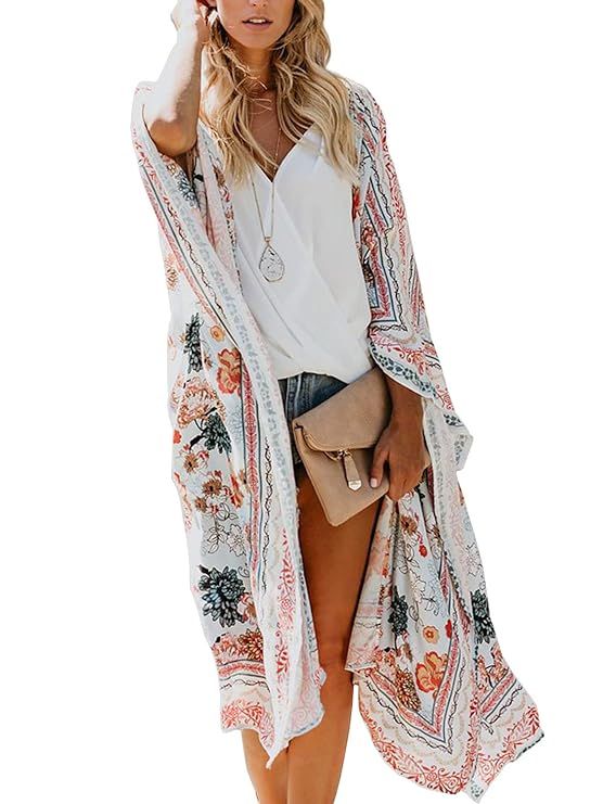 Women's Long Kimono Flowy Cardigan Boho Style Chiffon Floral Beach Cover Up Tops | Amazon (US)
