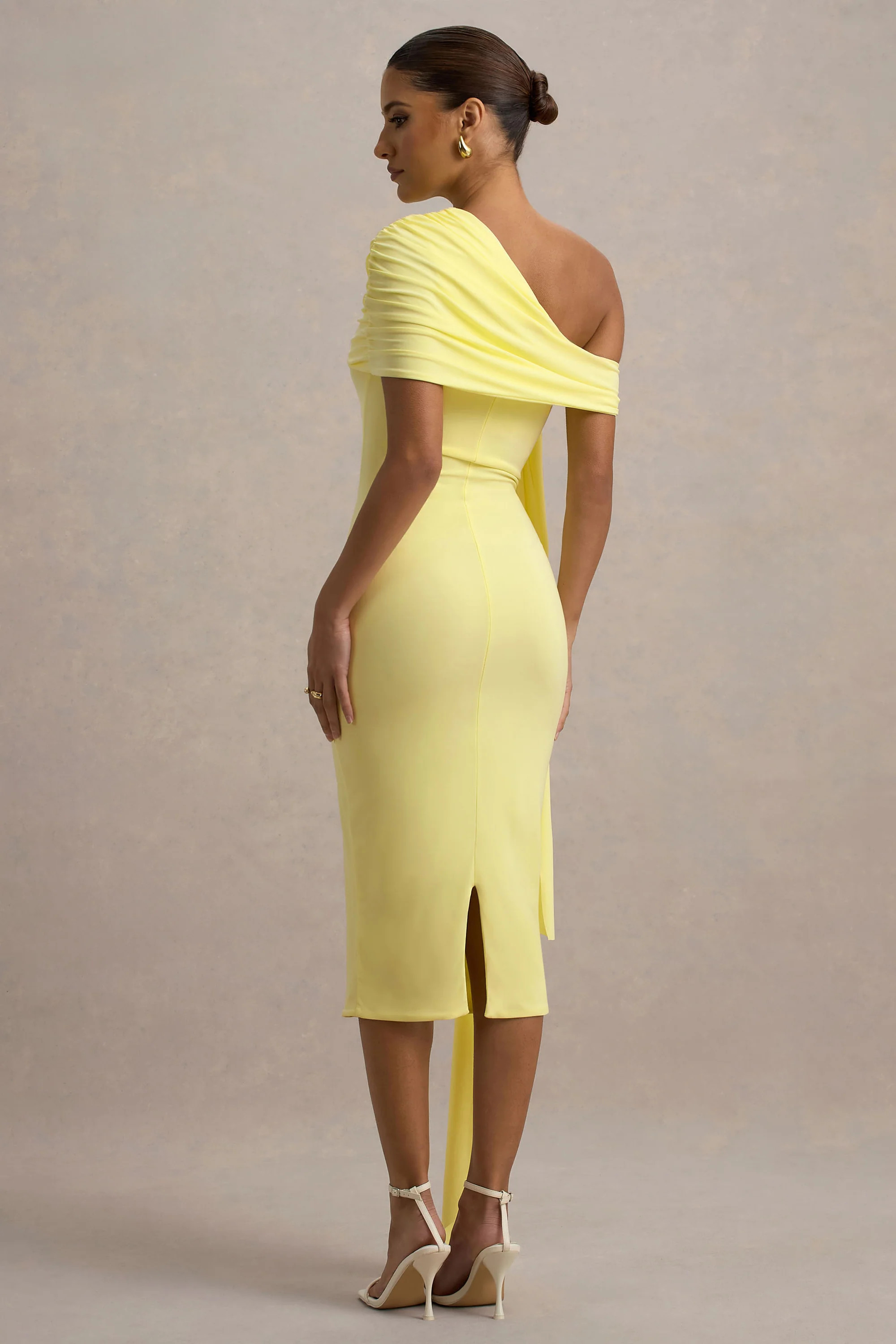Vallea | Lemon One-Shoulder Draped Midi Dress | Club L London