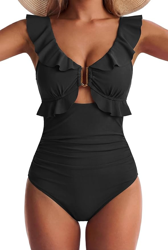 Women One Piece Swimsuit Tummy Control Ruffle Bathing Suit Cutout V Neck Swim Suit Ruched Slimmin... | Amazon (US)