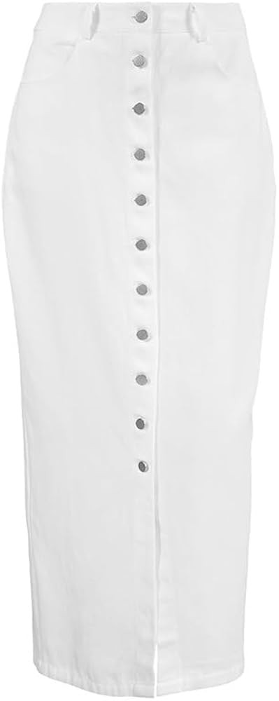 Women's White Maxi Button Up Slit Denim Skirt Fashion Summer Slim Fit Vacation | Amazon (US)