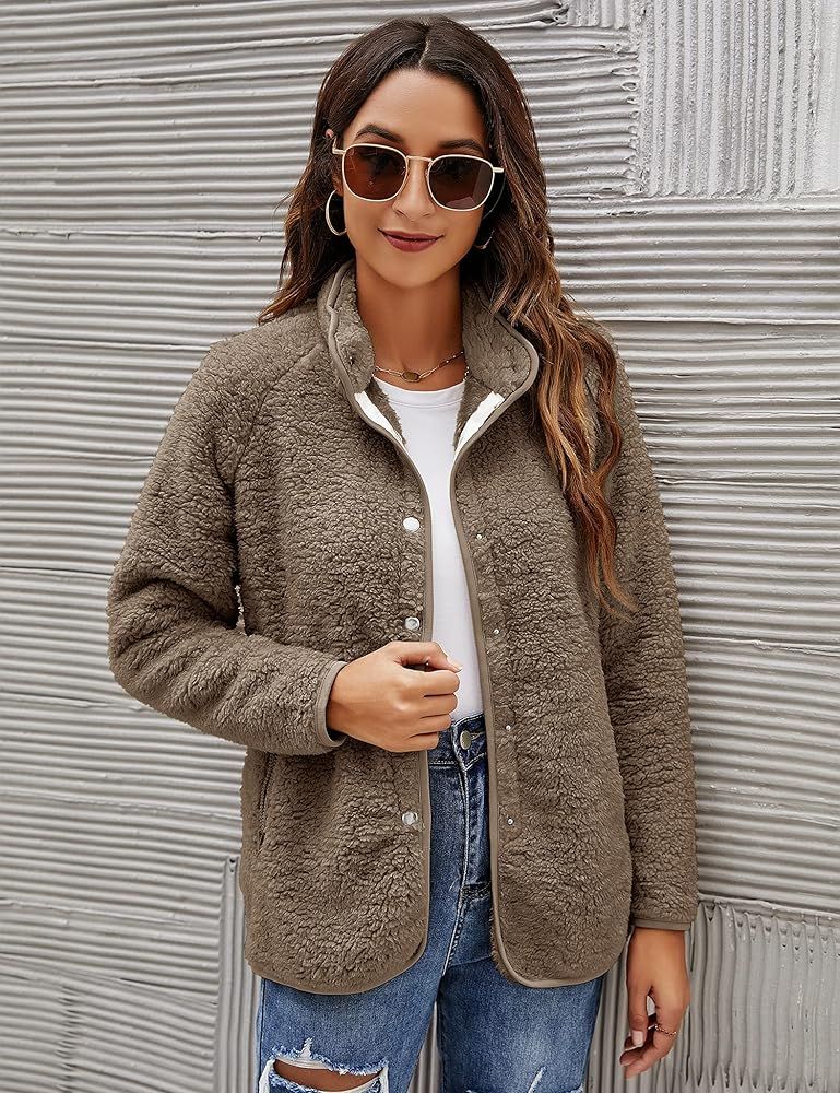 Micoson Women's Long Sleeve Cardigan Coat Lapel Button Down Warm Fuzzy Fleece Jacket Oversized Winte | Amazon (US)