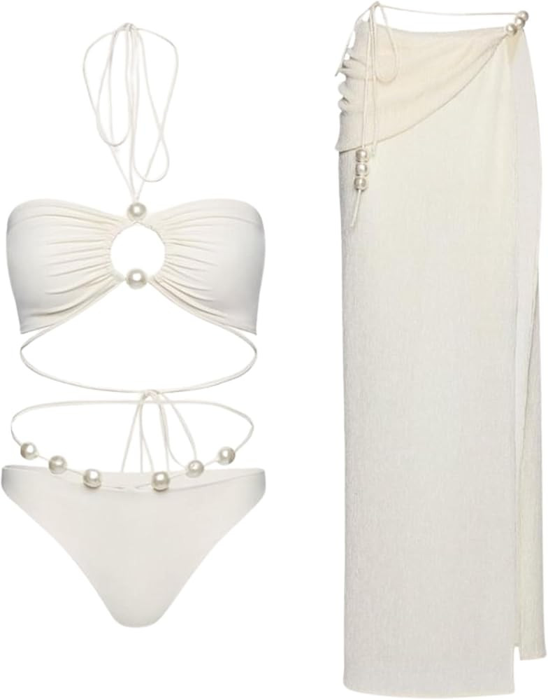 FLAXMAKER Halterneck Pearl Bandeau High Waist Bikini and Sarong Set | Amazon (US)