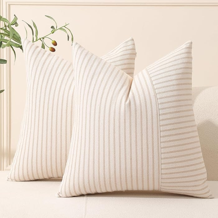 Hckot Khaki and Beige Patchwork Farmhouse Throw Pillow Covers 18 x 18 Inch, Pack of 2 Striped Lin... | Amazon (US)