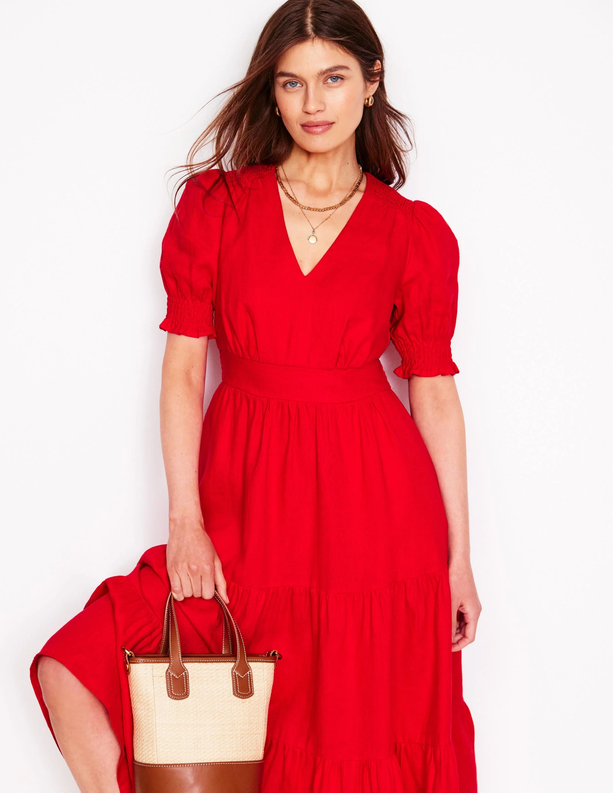 Anna Linen Tiered Midi Dress-Poppy Red | Boden UK
