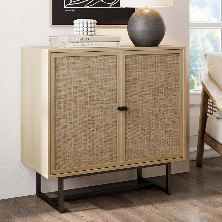 Nathan James Kova Accent Sideboard Storage Cabinet in Light Wood and Rattan with Metal Frame, Adj... | Amazon (US)