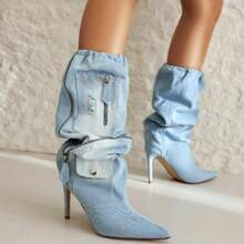 Women's Stiletto Knee High Boots Denim Pull On Cowgirl Mid Calf Boots Pointed Toe Western Cowboy Booties With Pockets And Zipper Decorate | SHEIN