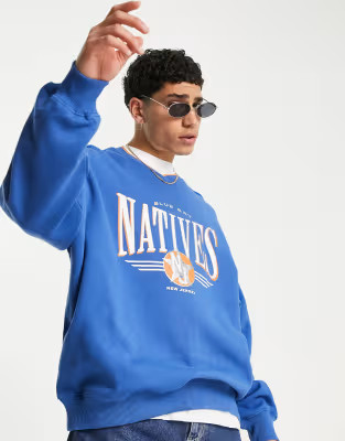 Topman oversized sweatshirt with Blue Bay print in blue | ASOS (Global)