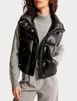 Ailoqing Womens Faux Leather Puffer Vest Zip Up Sleeveless Winter Cropped Jacket | Amazon (US)