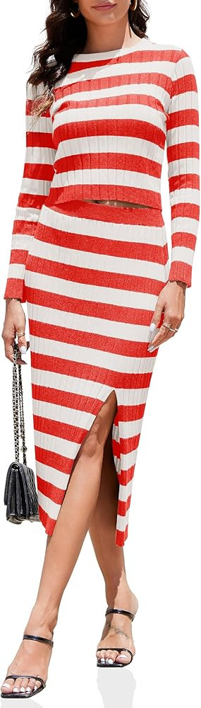Wenrine Women's 2 Piece Maxi Skirt Sets Striped Long Sleeve Sweater Top and High Waisted Long Ski... | Amazon (US)