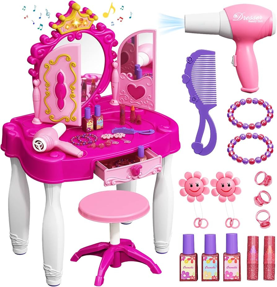 Toddler Makeup Table with Mirror and Chair, Kids Makeup Vanity Set with Accessories and Lights an... | Amazon (US)