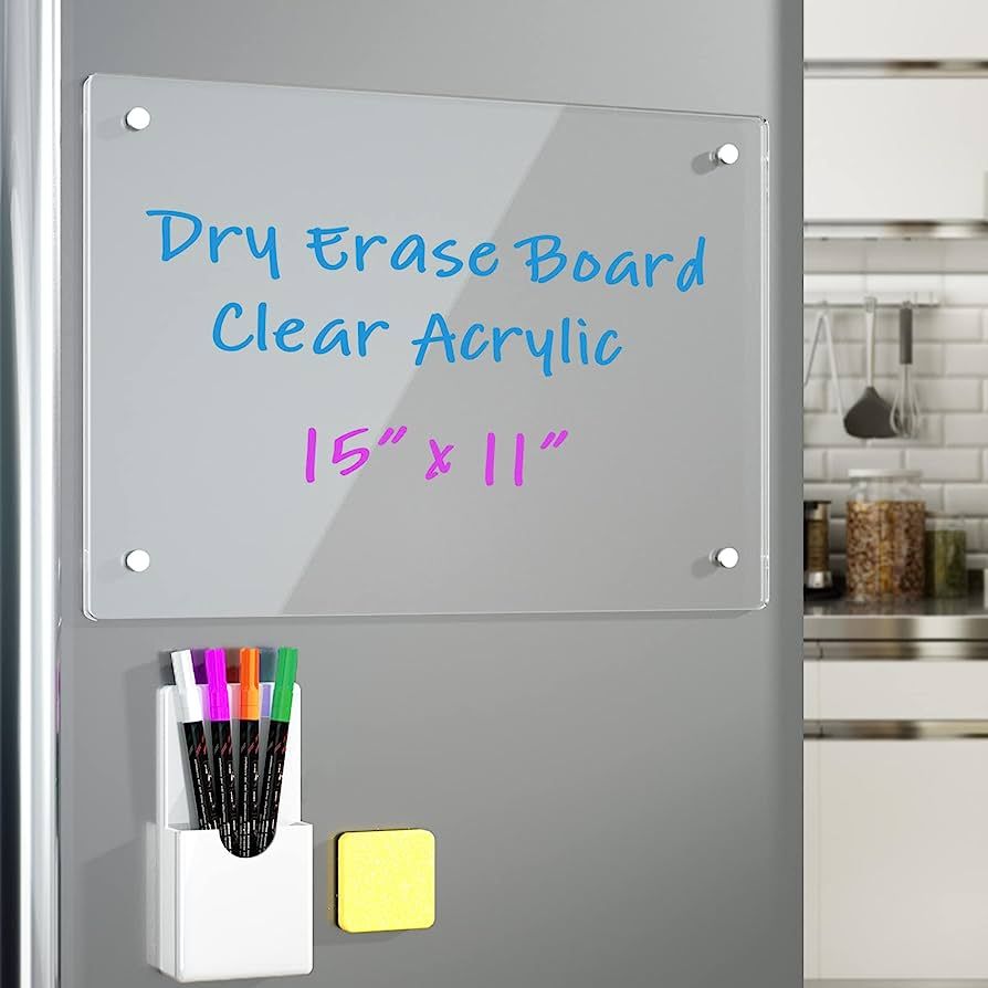 Acrylic Note Board Refrigerator Dry Erase Board Magnetic Clear 15”x11" Includes 4 Dry Erase Mar... | Amazon (US)