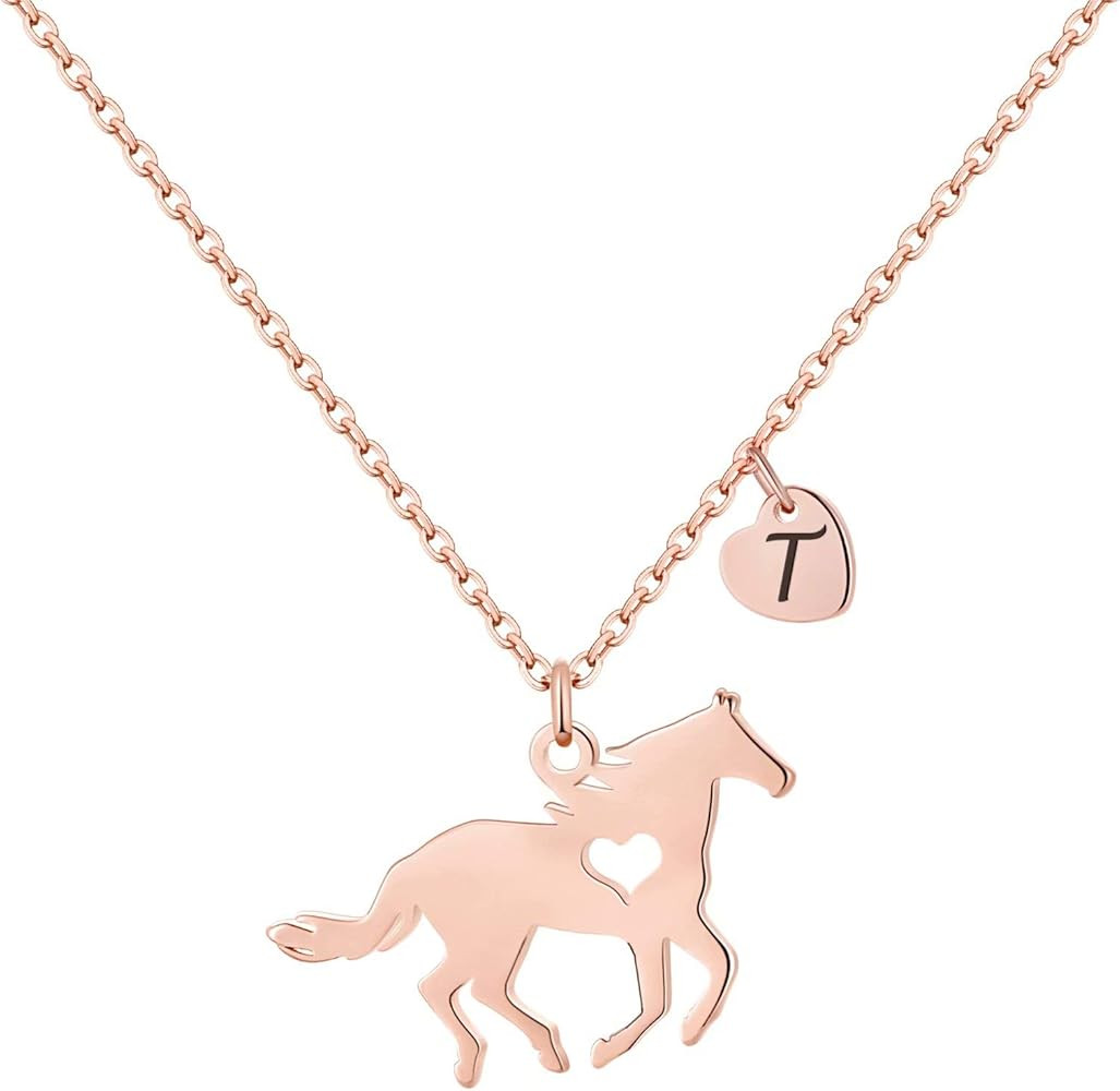 MONOOC Horse Gifts for Girls Necklace - Stainless Steel Dainty Horse Pendant Heart 26 Initial A-Z... | Amazon (US)