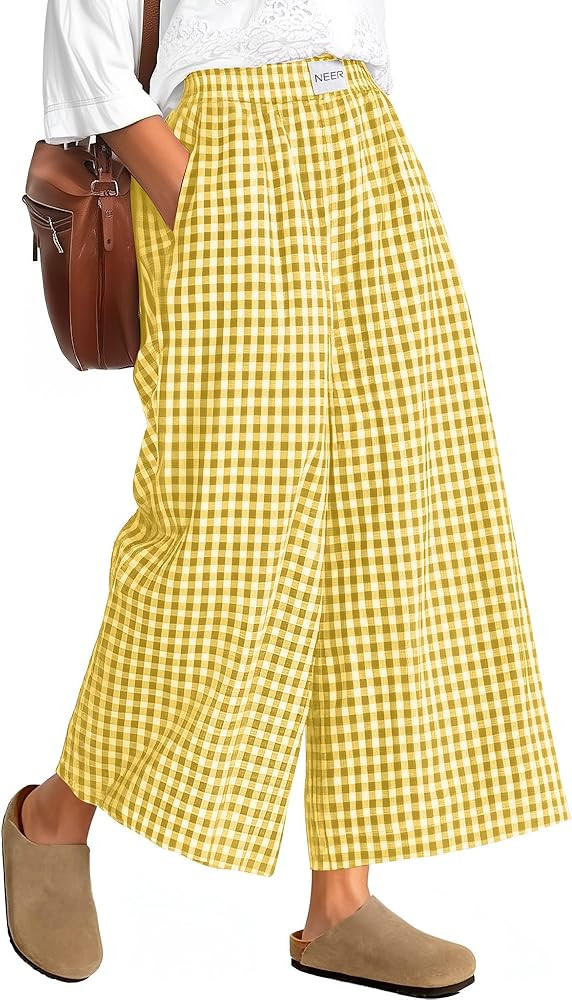 Neer Women's Plaid Gingham Skirt Pants Flowy Oversized Wide Leg Culottes Elastic Waist Palazzo Ca... | Amazon (US)