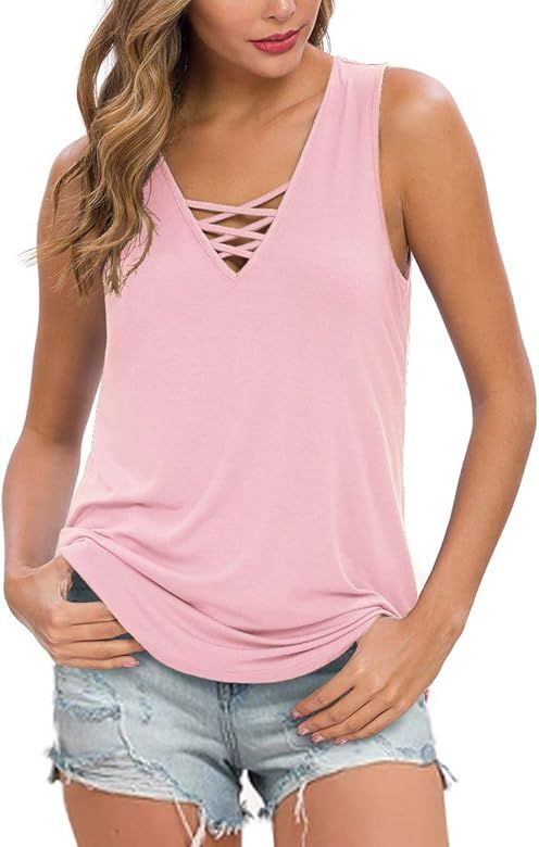 Women's Sleeveless Criss Cross Casual Tank Tops Basic Blouse | Amazon (US)