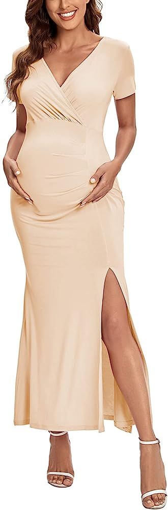 CareGabi Maternity Dress V Neck Short Sleeve Gowns Side Slits Elegant Pregnancy Dresses for Photo... | Amazon (US)