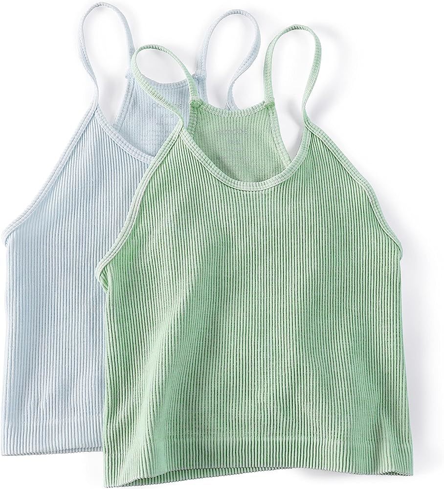 ODODOS Women's Crop 3-Pack Washed Seamless Rib-Knit Camisole Crop Tank Top | Amazon (US)