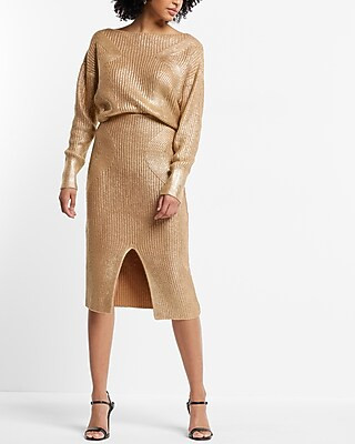 High Waisted Metallic Foil Ribbed Front Slit Midi Sweater Skirt | Express