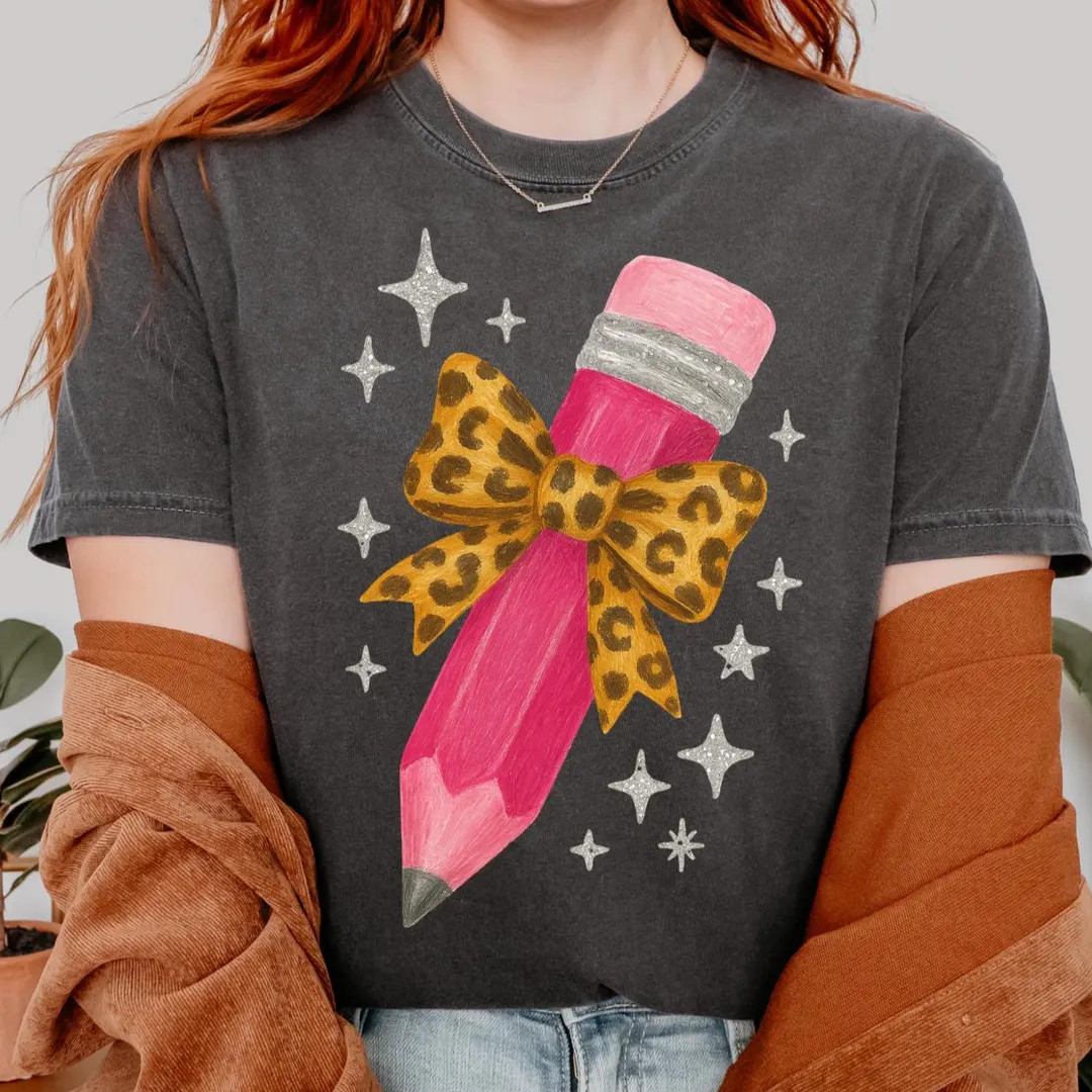 Pink Pencil With Leopard Bow T-shirt | Cute Sparkle Illustration Teacher Gifts for Her - Etsy | Etsy (US)