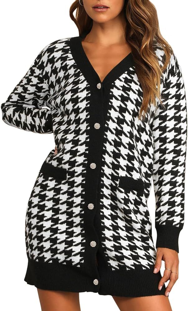 Pink Queen 2023 Fall Long Cardigan for Women Long Sleeve Open Front Button V Neck Houndstooth Cardig | Amazon (US)