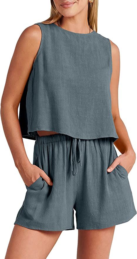 ANRABESS Women’s Summer 2 Piece Outfits Shorts Sets Sleeveless Crop Top Tank and High Waisted S... | Amazon (US)