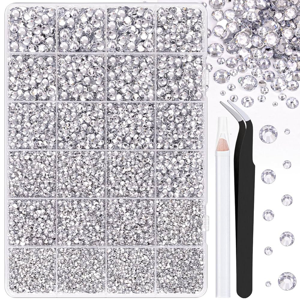25000Pcs Resin Rhinestones with Tweezers for Crafting, Silver Clear 2-6mm Mixed Sizes Flatback Ge... | Amazon (US)