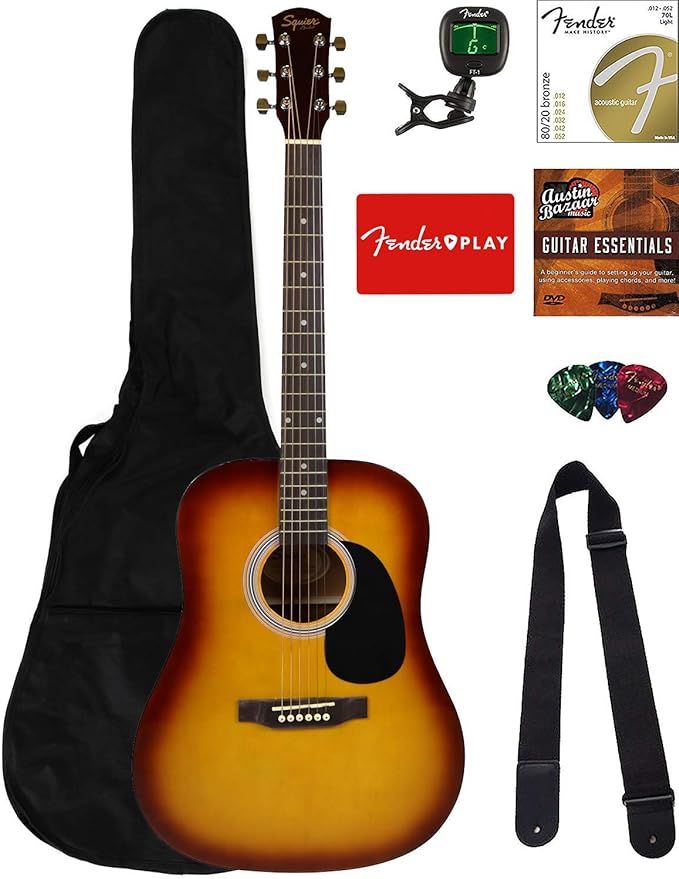 Fender Squier Dreadnought Acoustic Guitar - Sunburst Bundle with Fender Play Online Lessons, Gig ... | Amazon (US)